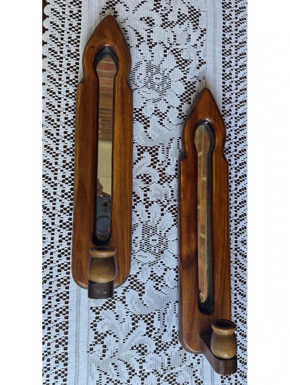 Vintage Wooden Wall Sconces with Mirrors and Candle Holders - Set of 2